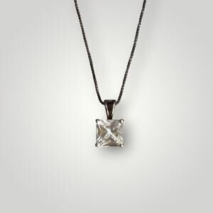 Sterling Silver 925 Princess Cut CZ Pendant Necklace 18” Chain
